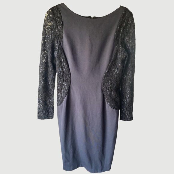 Vera Wang Blue Black Lace Sleeve Illusion Bodycon Shift Dress Exposed Zipper 6 - Picture 1 of 11
